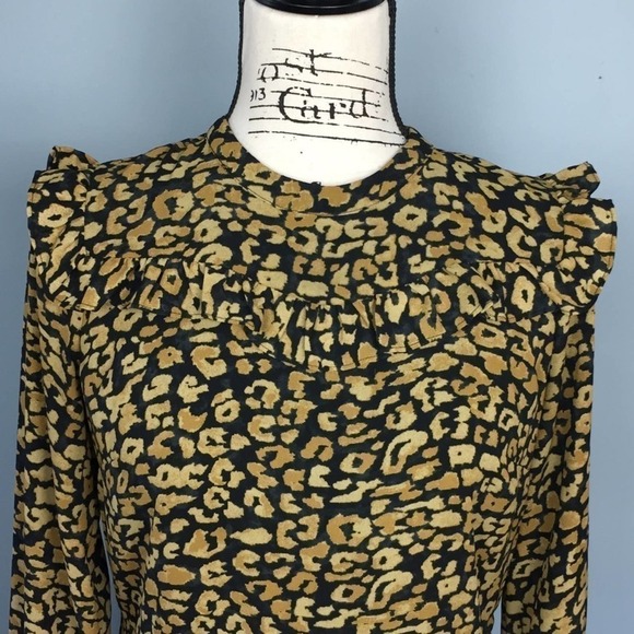 who What Wear Watercolor Cheetah Print Long Sleeve Ruffle Dress Women’s Size S - Picture 4 of 12
